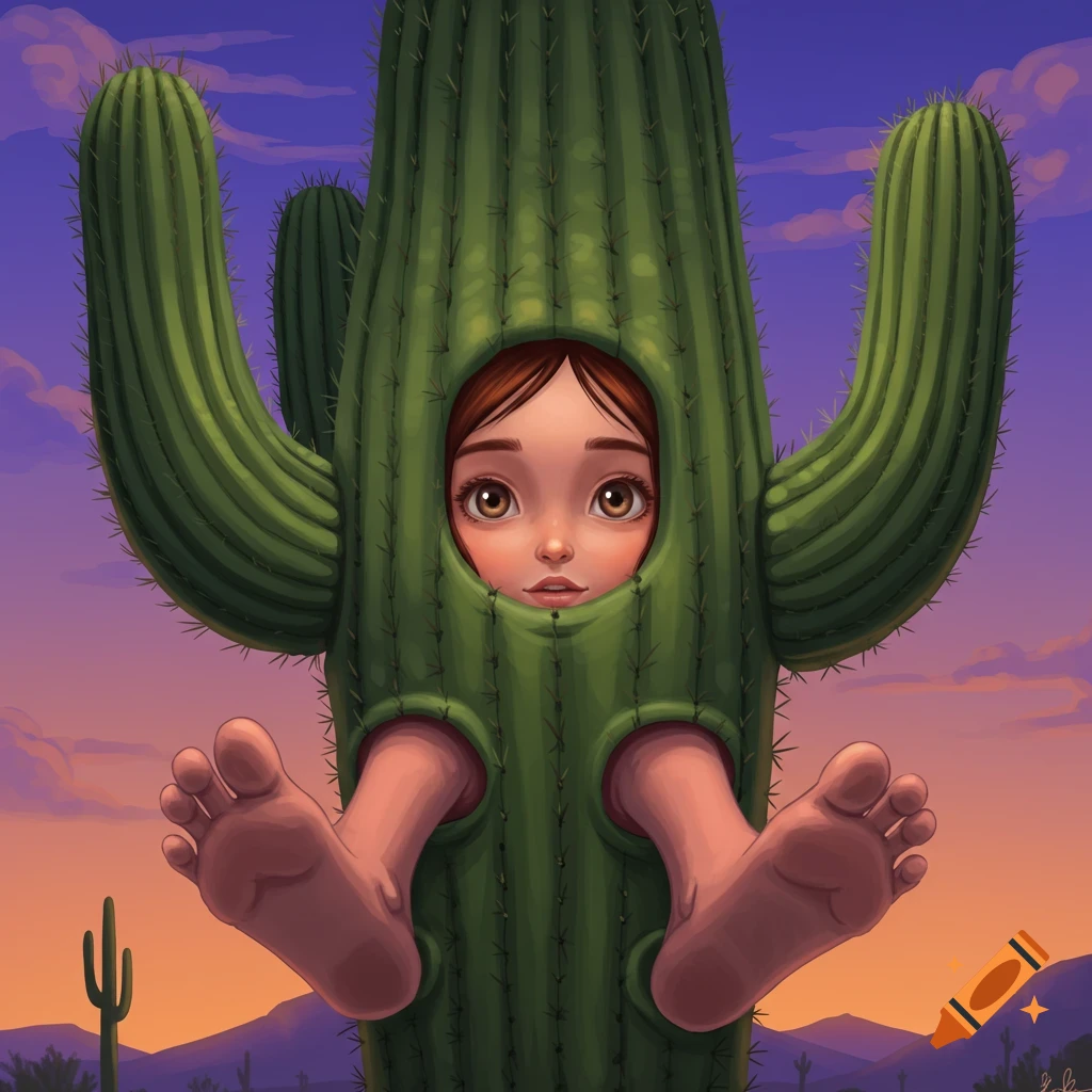 A girl's face and feet are visible, emerging from a large cactus costume situated in a desert landscape.