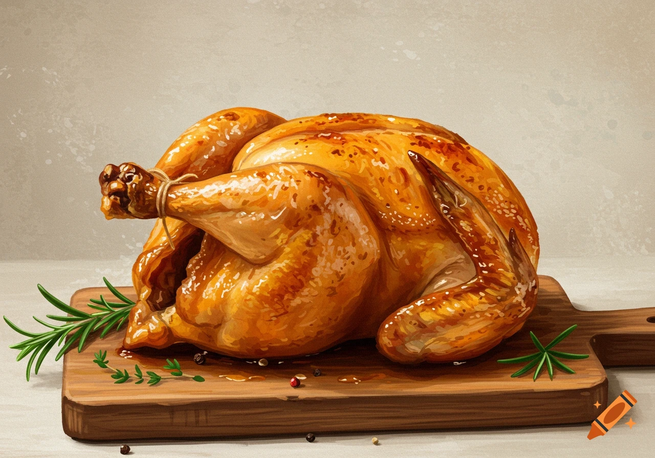 A roasted chicken on a cutting board with herbs.