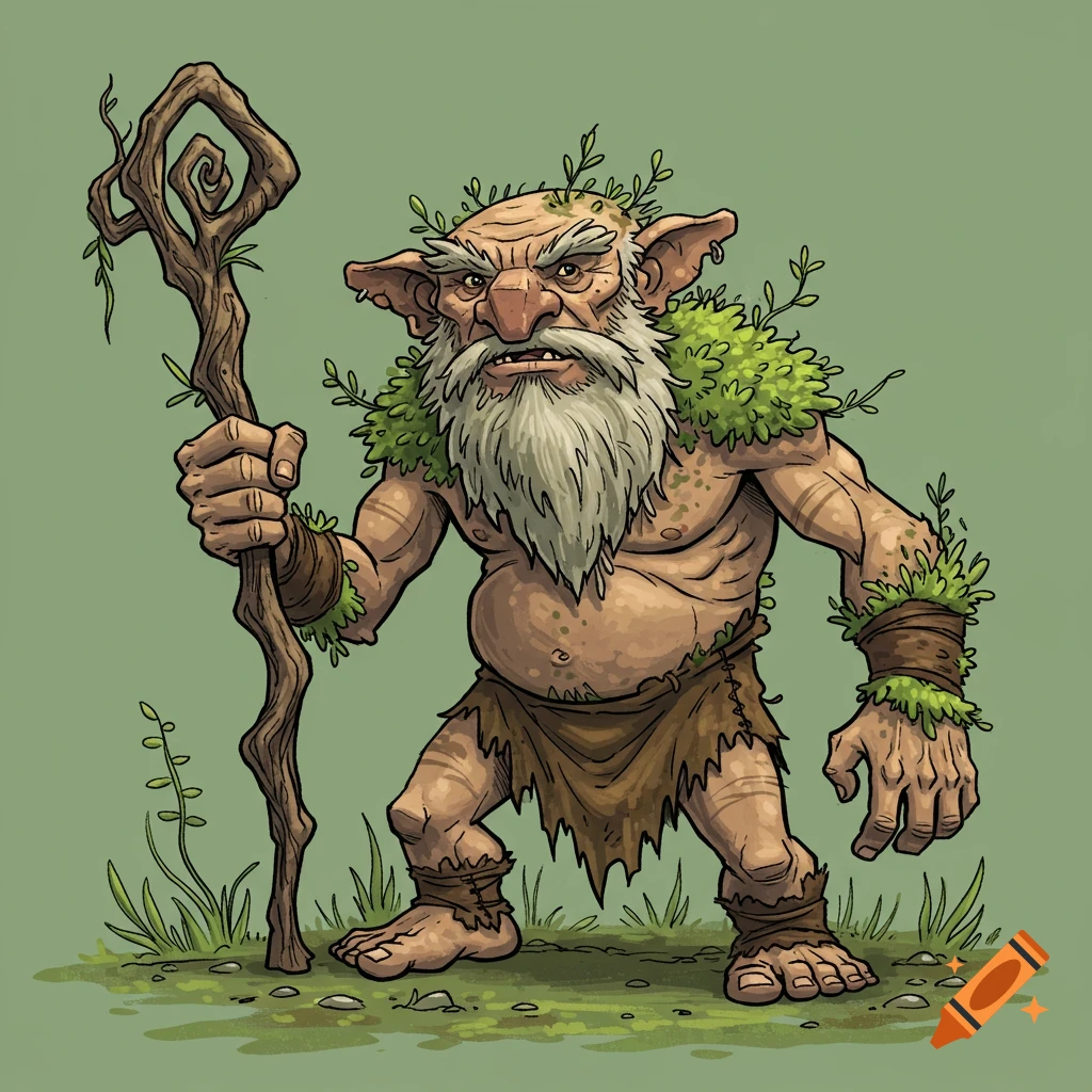 An old troll creature with a long beard, covered in leaves and holding a staff.