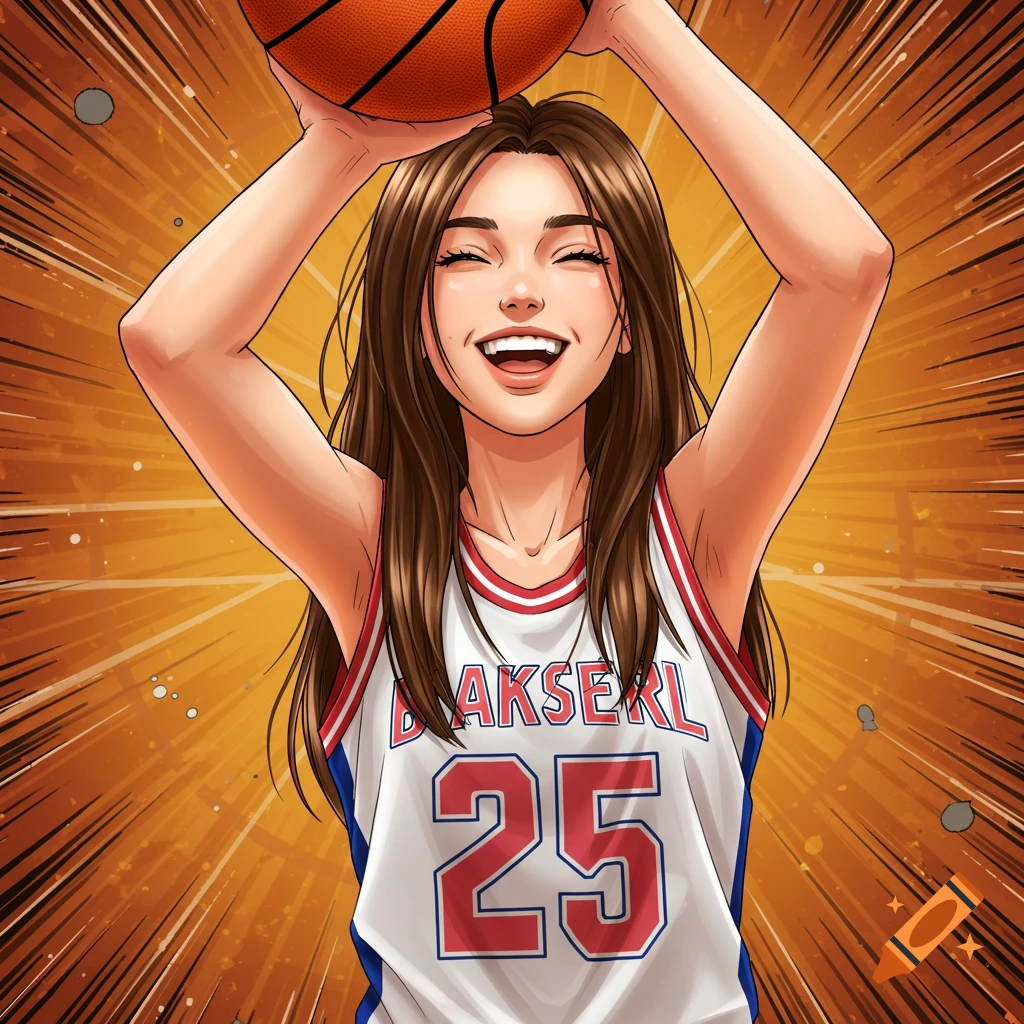 Anime style depiction of a happy girl in a basketball jersey holding a ball