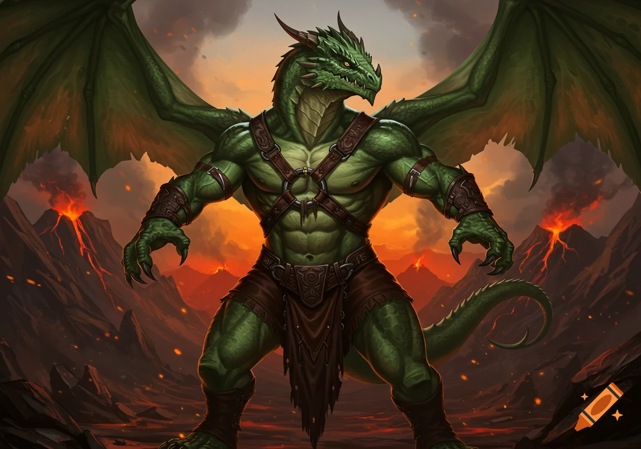 A muscular green dragon in a loincloth stands in a volcanic landscape