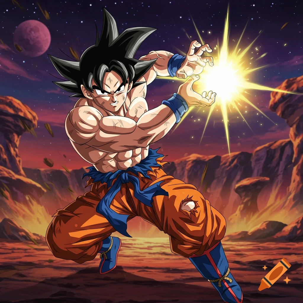 Goku from Dragon Ball in a fighting pose charging a yellow energy attack in a rocky landscape.