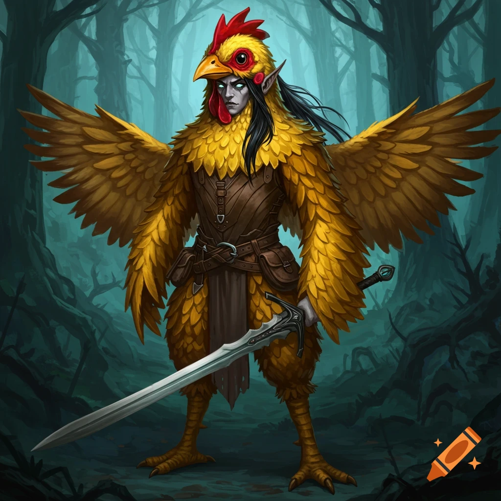 A dark elf in a realistic chicken suit stands in a forest holding a large sword.