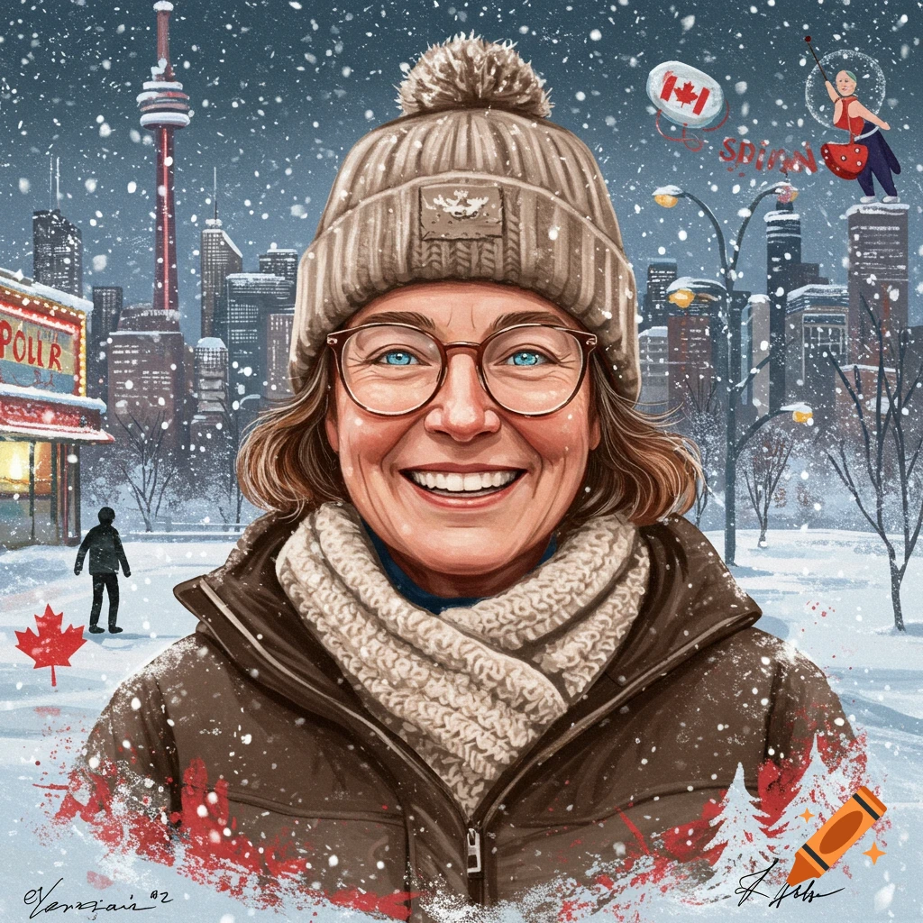 A smiling person in winter clothes with glasses and a hat, standing in a snowy city scene with the Toronto skyline and a maple leaf.