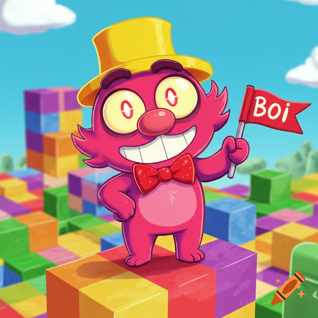 A pink cartoon monster with a yellow top hat and red bow tie stands on colorful blocks, holding a flag that says 'Boi'.