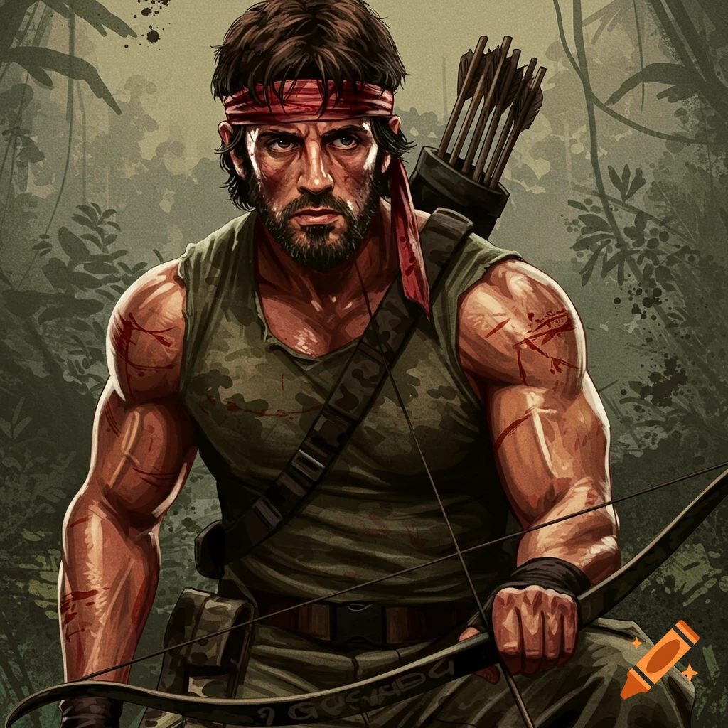 A muscular man resembling Rambo with a red headband, holding a bow and arrows in a jungle.
