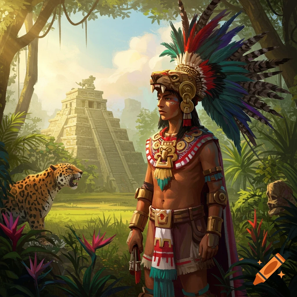 Aztec warrior with feathered headdress and jaguar mask in a jungle with a pyramid and jaguar.
