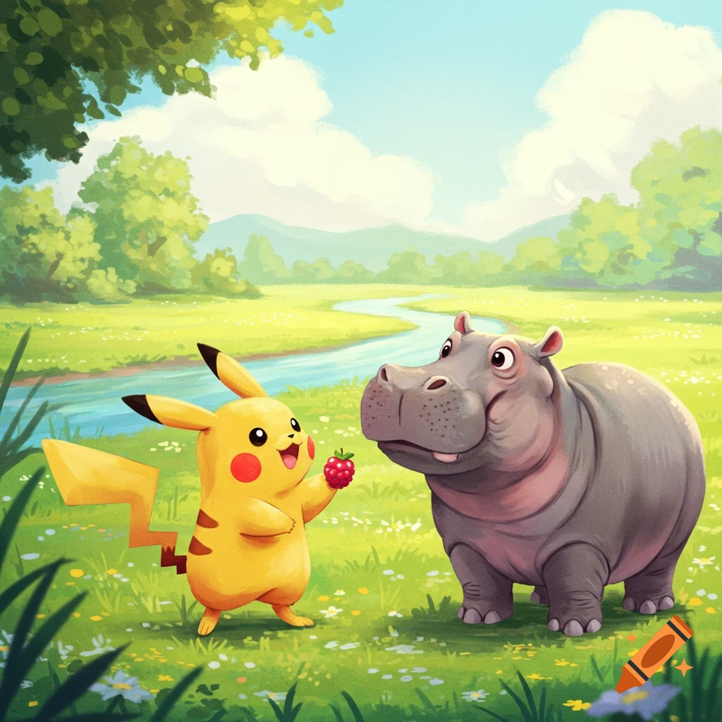 Pikachu offers a berry to a hippo in a sunny field near a river.