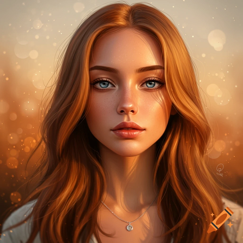 Portrait of a woman with red hair and blue eyes in golden light.