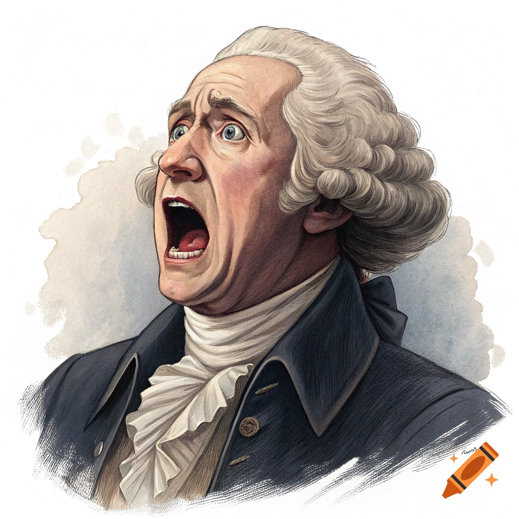 Illustration of a man resembling George Washington screaming with a scared expression.