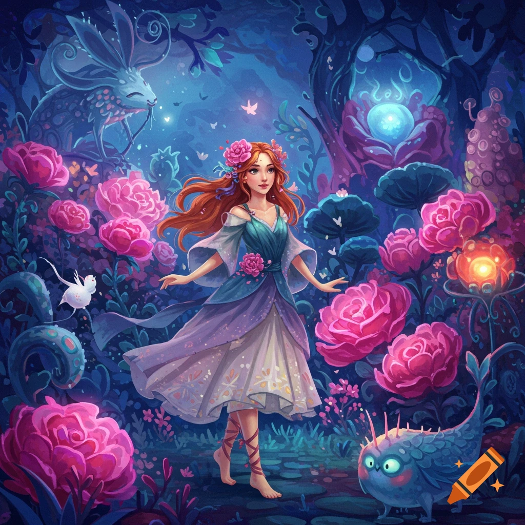 A fairy in a magical forest with large pink flowers and fantasy creatures.