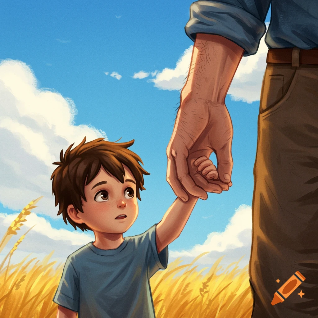 A father and son holding hands in a golden wheat field.
