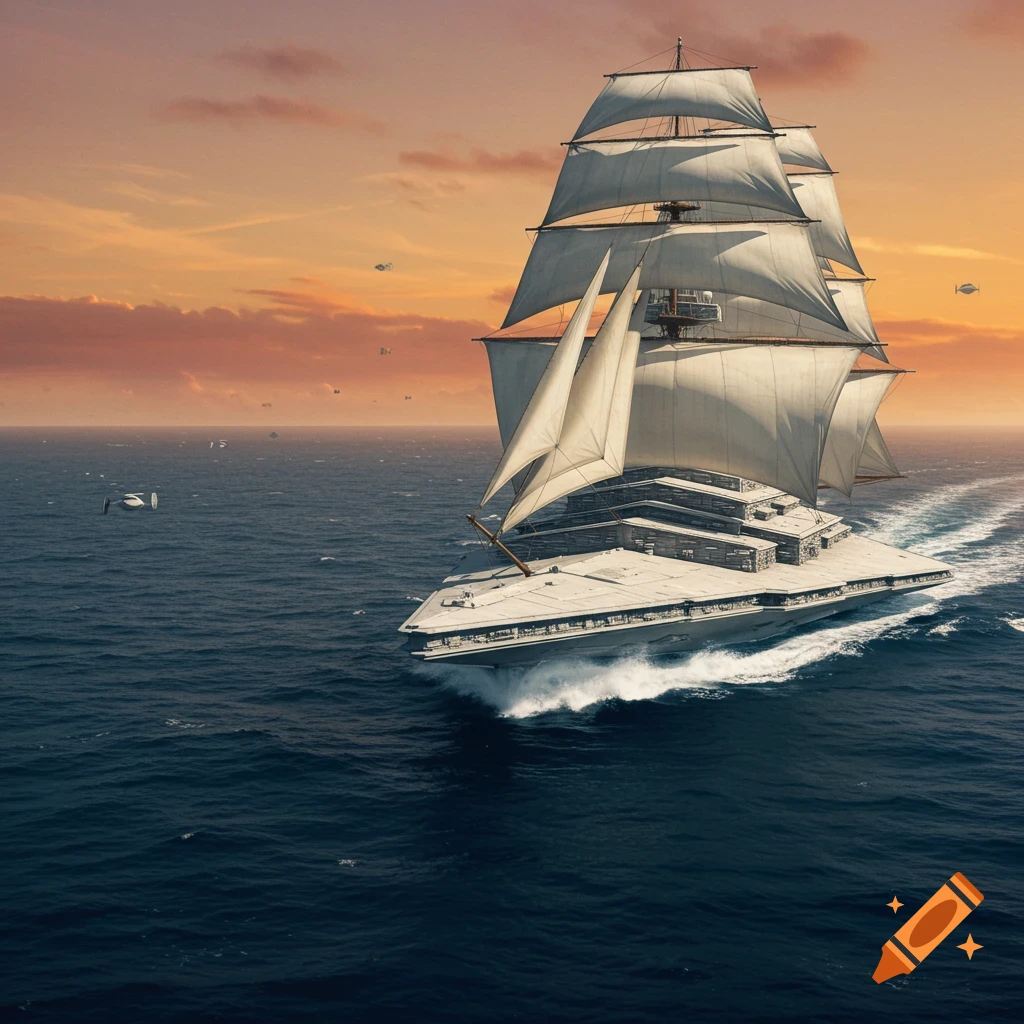 A Star Wars imperial cruiser with sails sails on the ocean at sunset.