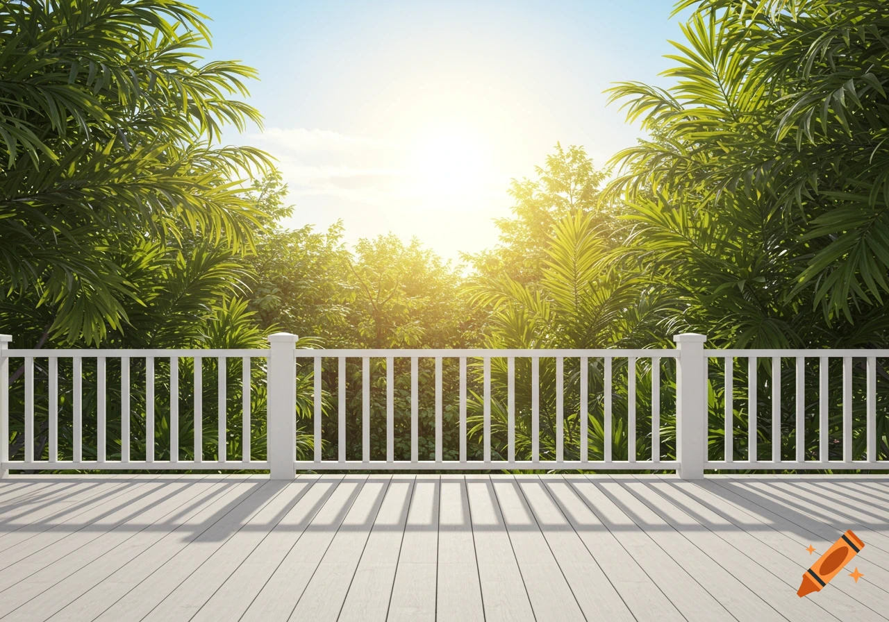 Photorealistic photo of a patio with white railing looking out at tropical trees under a sunny sky.