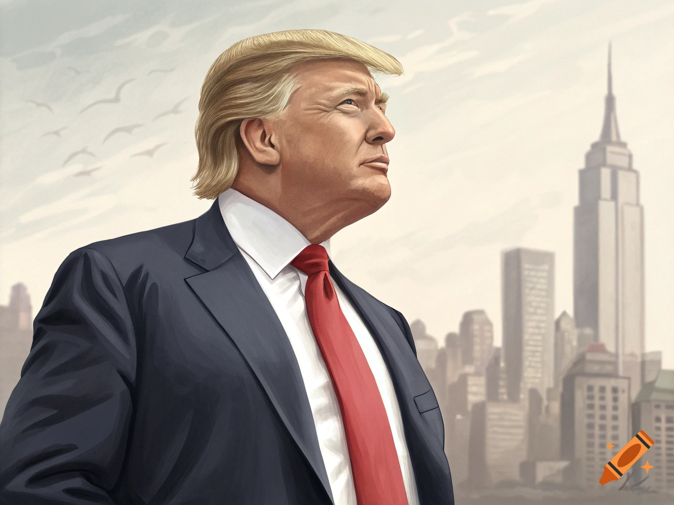 Portrait of Donald Trump looking up against a city skyline, illustration style.