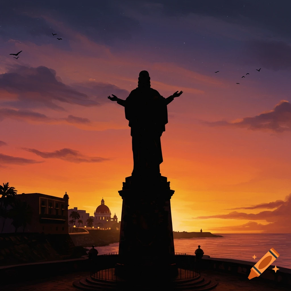 Silhouette of a statue overlooking the sea and city at sunset