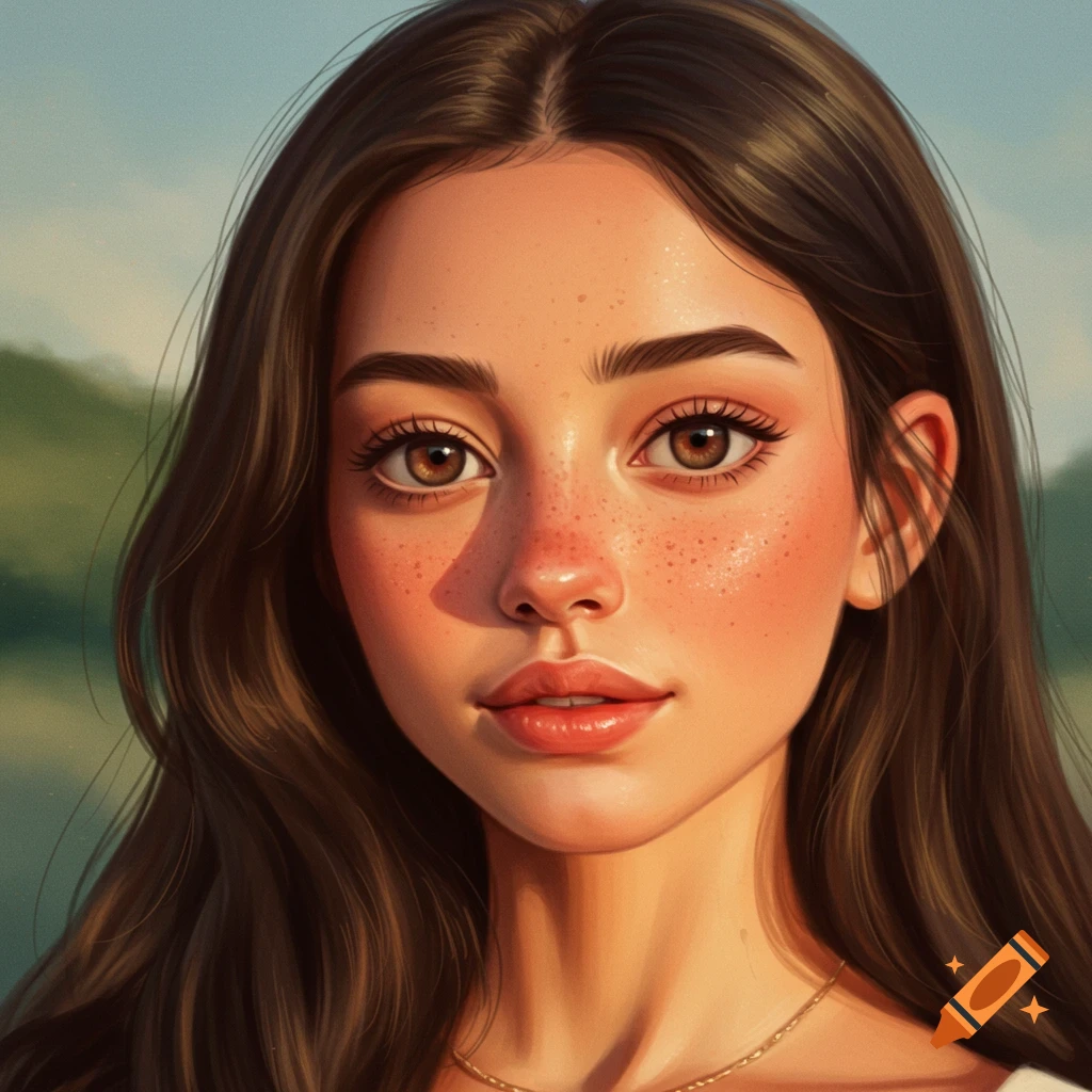 A portrait of a young woman with long brown hair, freckles, and brown eyes.