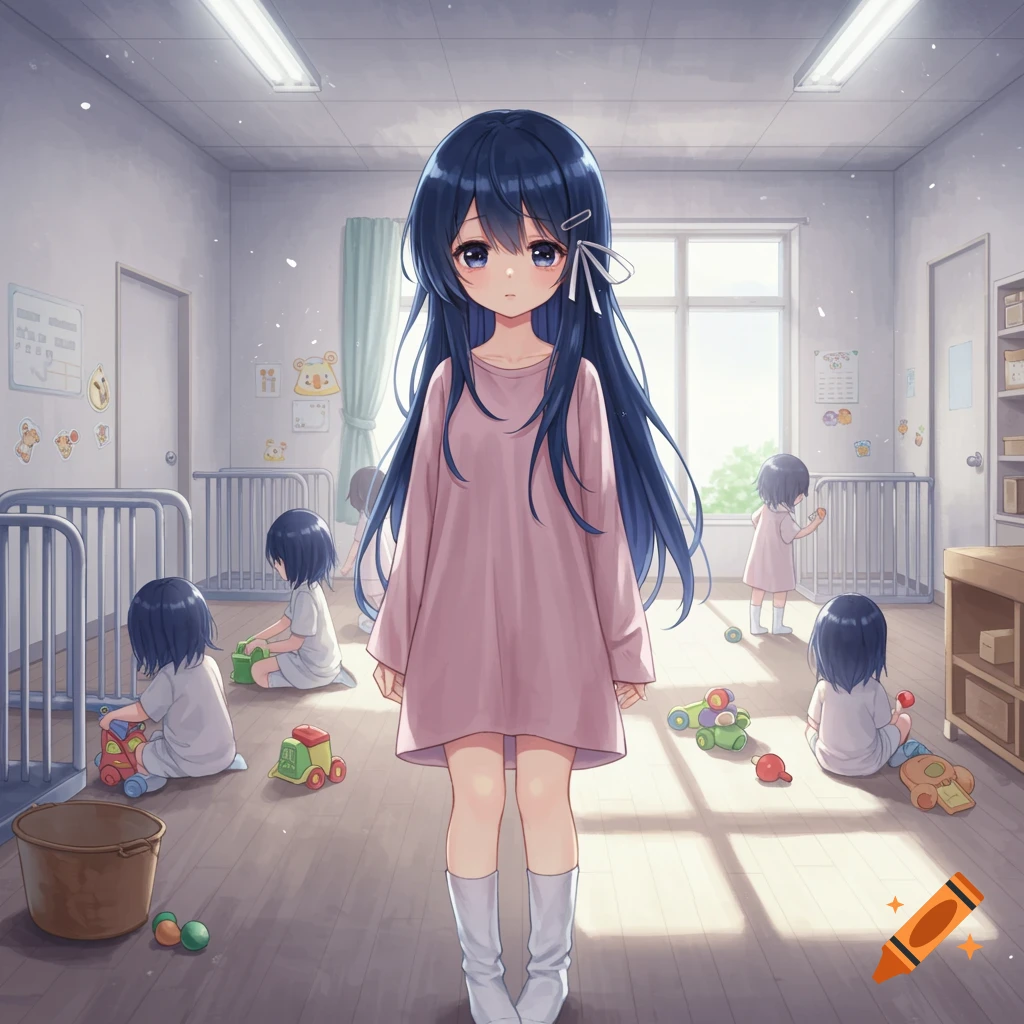 Anime illustration of a young girl with long blue hair standing in a bright room with other children playing.