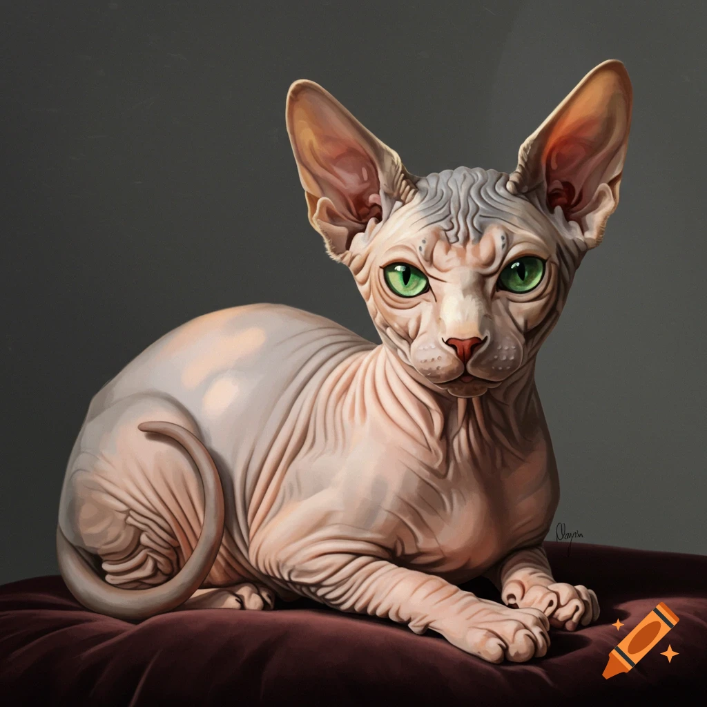 A Sphynx cat with green eyes sitting on a cushion.