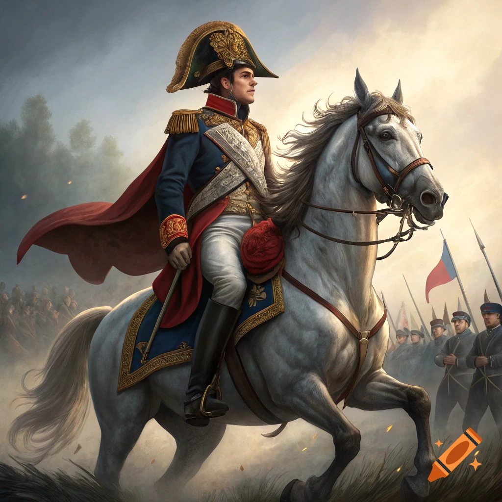 Napoleon Bonaparte in military uniform riding a white horse during a battle.