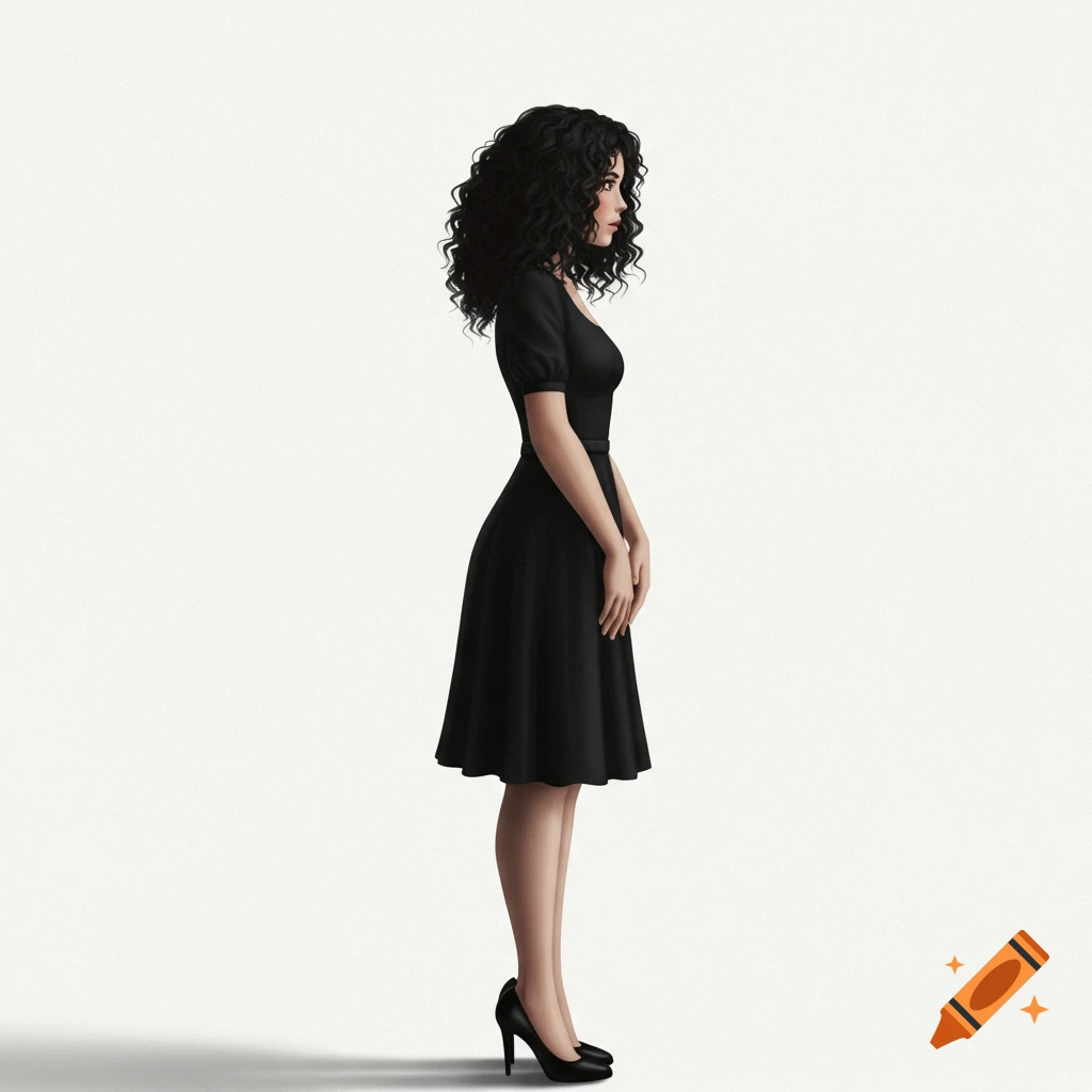 Illustration of a woman in a black dress and high heels against a white background.