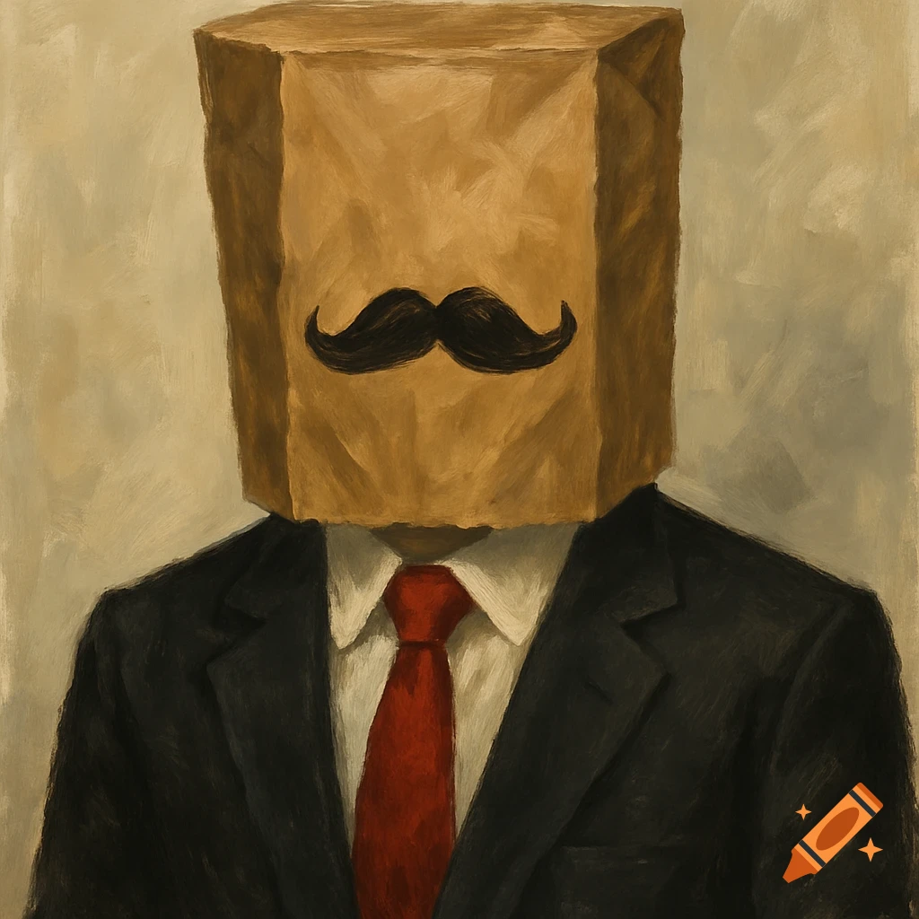 A person in a suit and tie with a paper bag over their head and a drawn mustache.