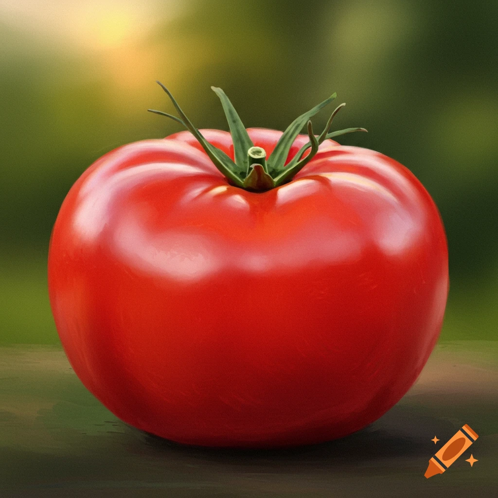 A close-up shot of a red tomato with green leaves against a blurred green background.