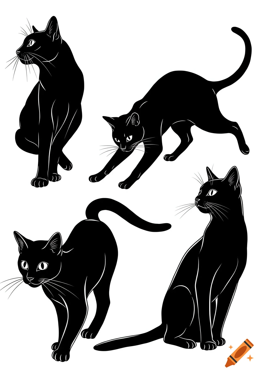 Black line art silhouettes of five cats in various poses.