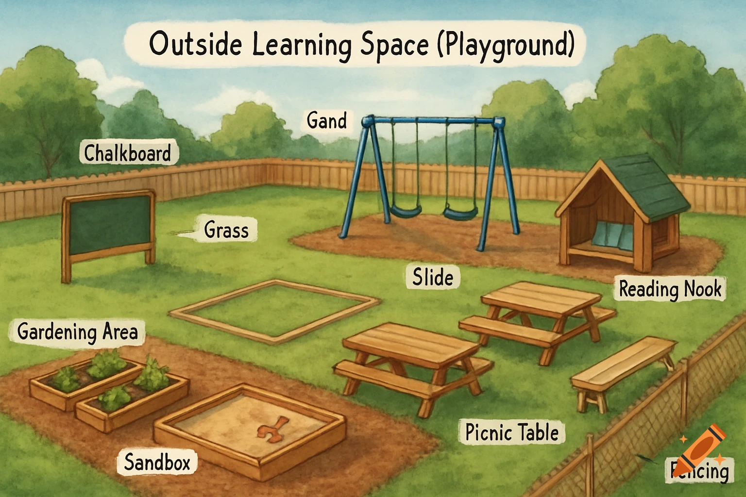 Illustrated diagram of an outside learning space or playground with labels for different areas.