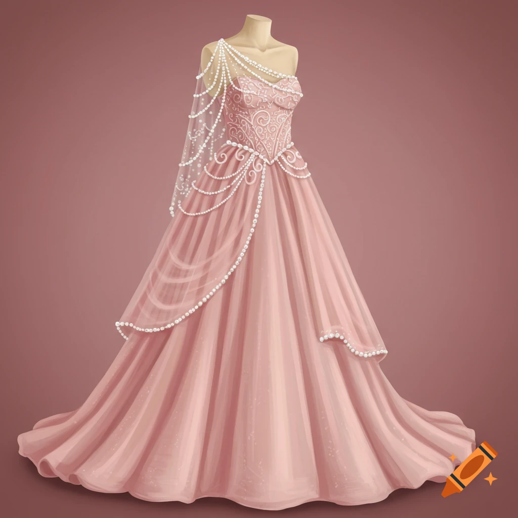 A pink dress on a mannequin, embellished with pearls and lace.