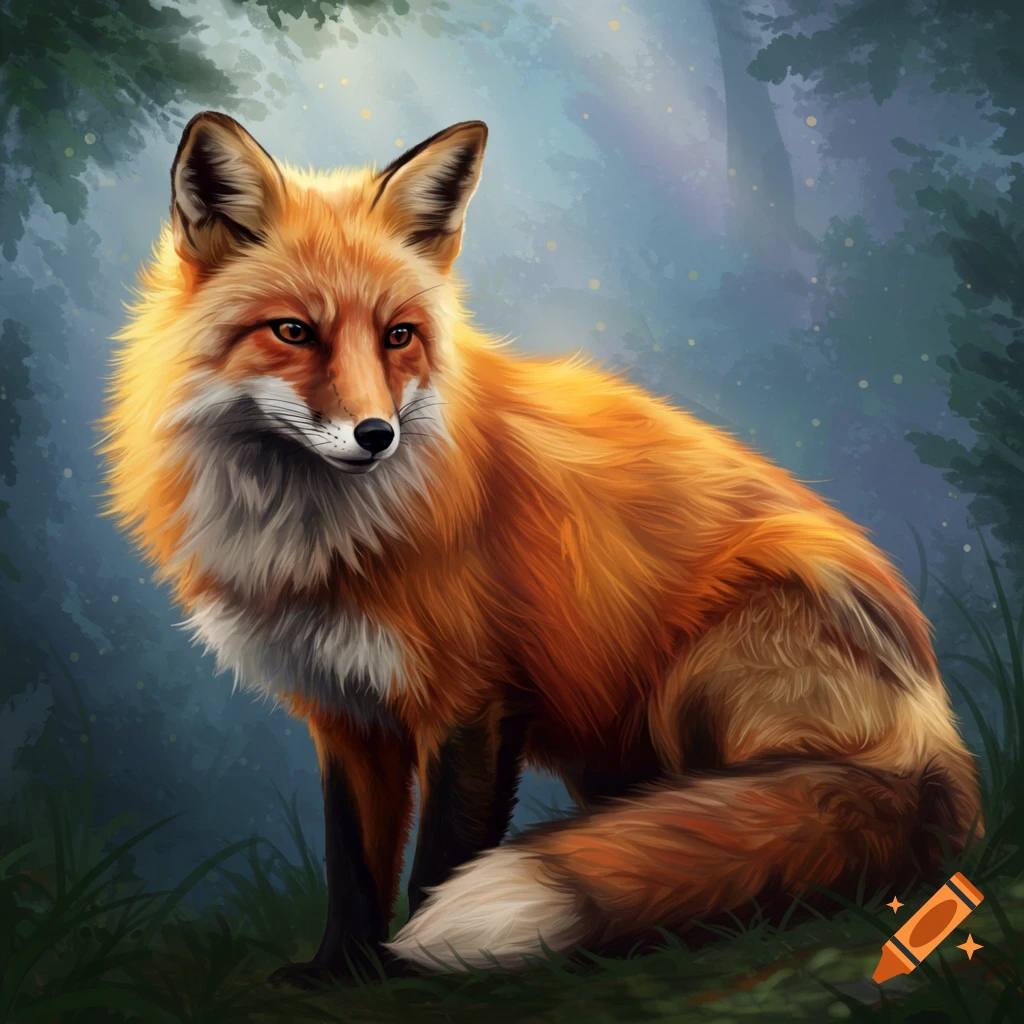 A red fox sits in a forest