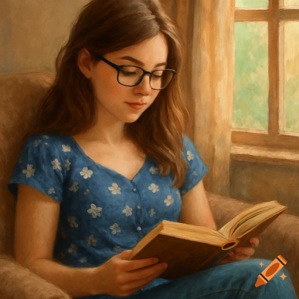 A painterly portrait of a young woman with glasses reading a book in a chair by a window.