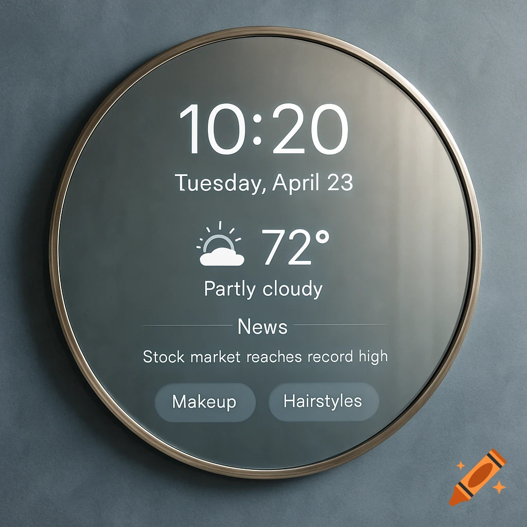 A round smart mirror displaying the time, date, weather, news, and buttons for makeup and hairstyles.
