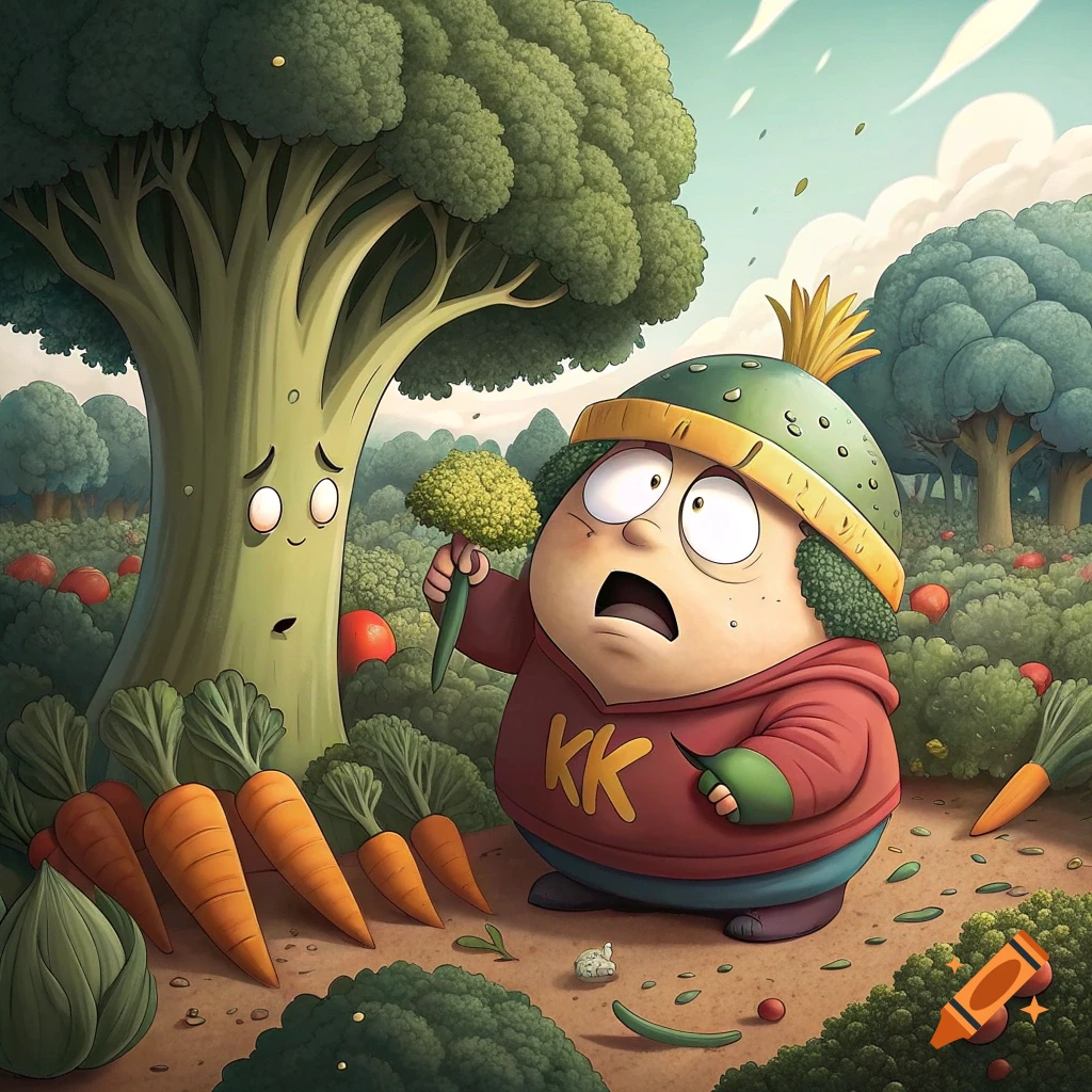 A cartoon character resembling Cartman holds broccoli in a field of vegetables, with a sad broccoli tree nearby.