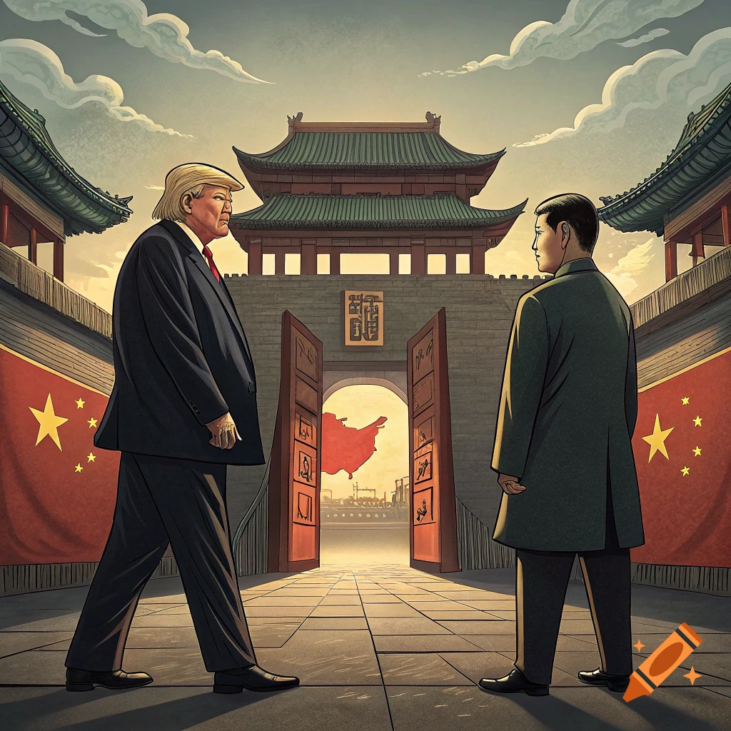Donald Trump and a figure resembling Xi Jinping face off in front of a Chinese gateway.