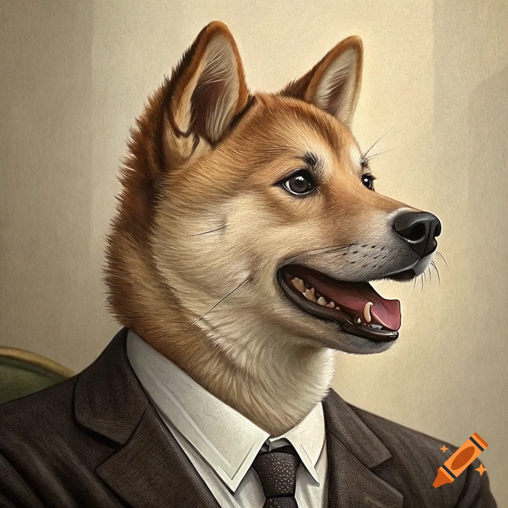 A Shiba Inu dog wears a suit and tie in a formal portrait.