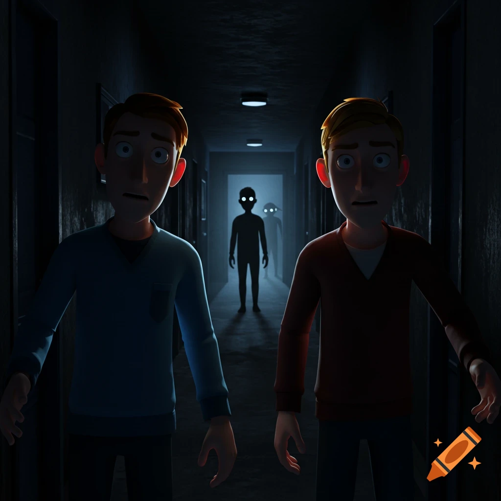 Two animated males look scared in a dark hallway at shadowy figures with glowing eyes.