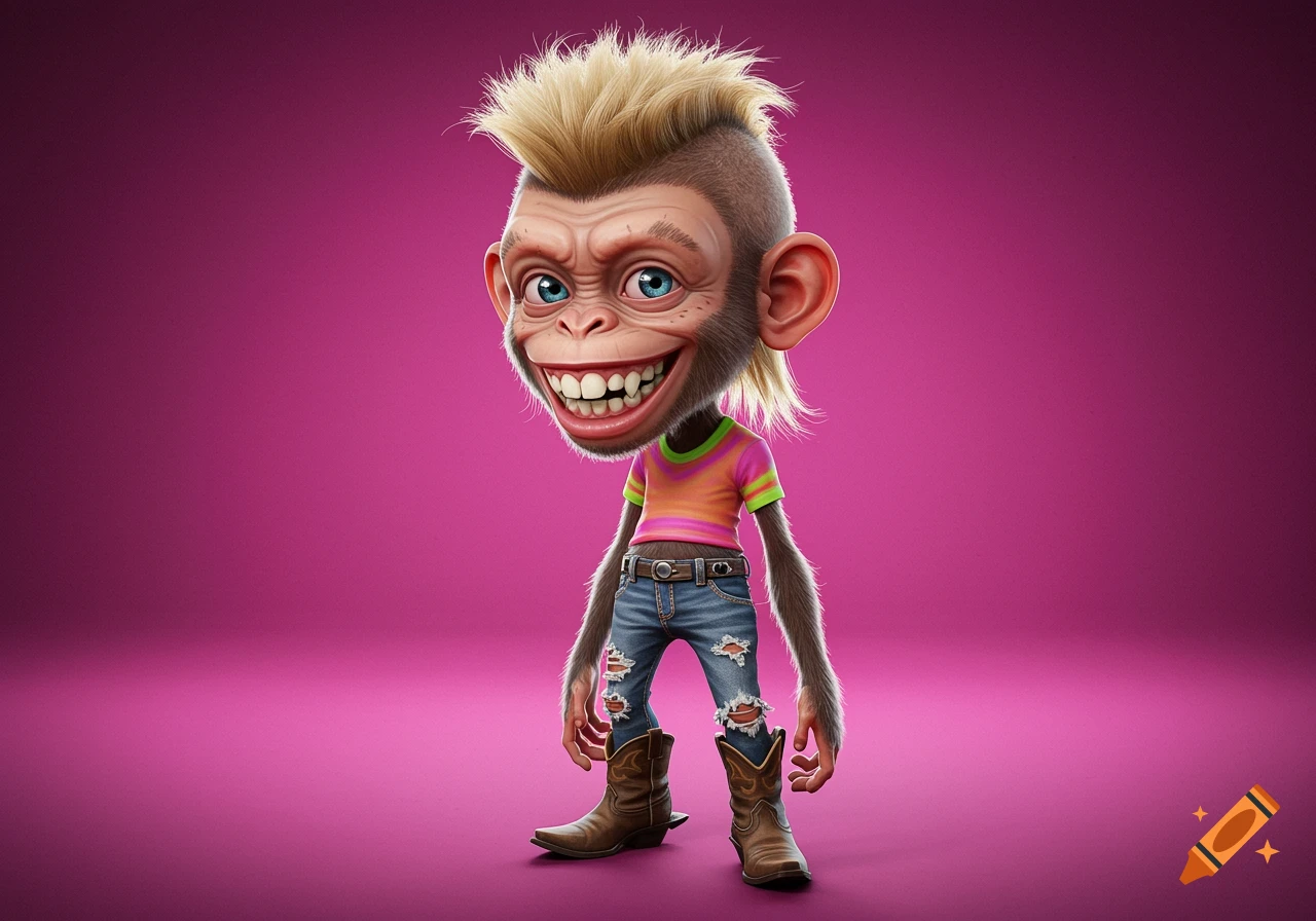 Cartoon monkey with a mohawk and mullet, wearing ripped jeans and cowboy boots on a pink background.