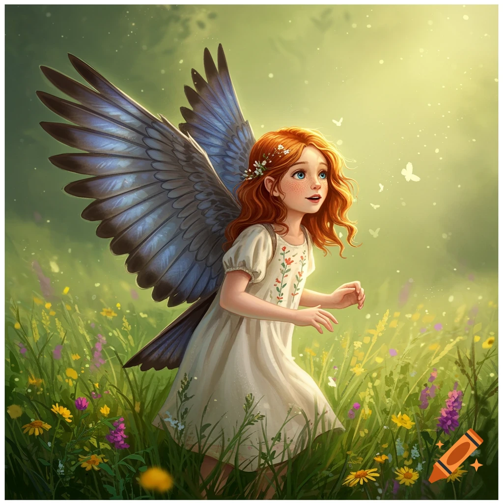 Fairytale illustration of a young girl with blue wings in a meadow.