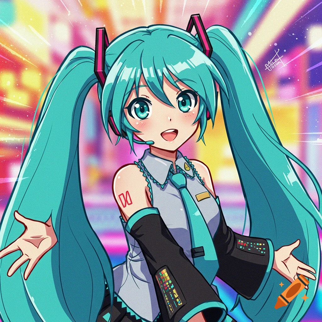 An anime illustration of Hatsune Miku with long turquoise pigtails, smiling with arms outstretched.