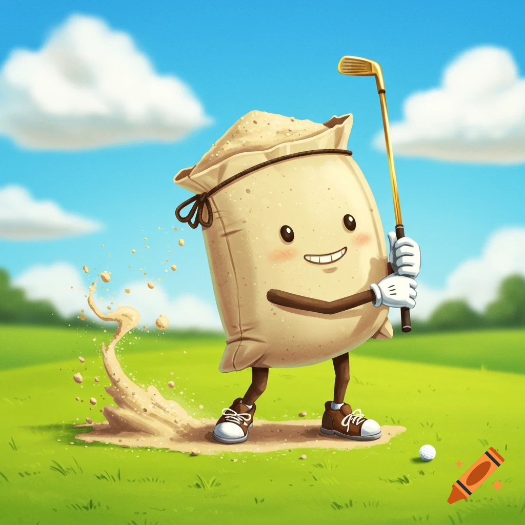 A cartoon bag of sand swings a golf club on a sunny golf course.