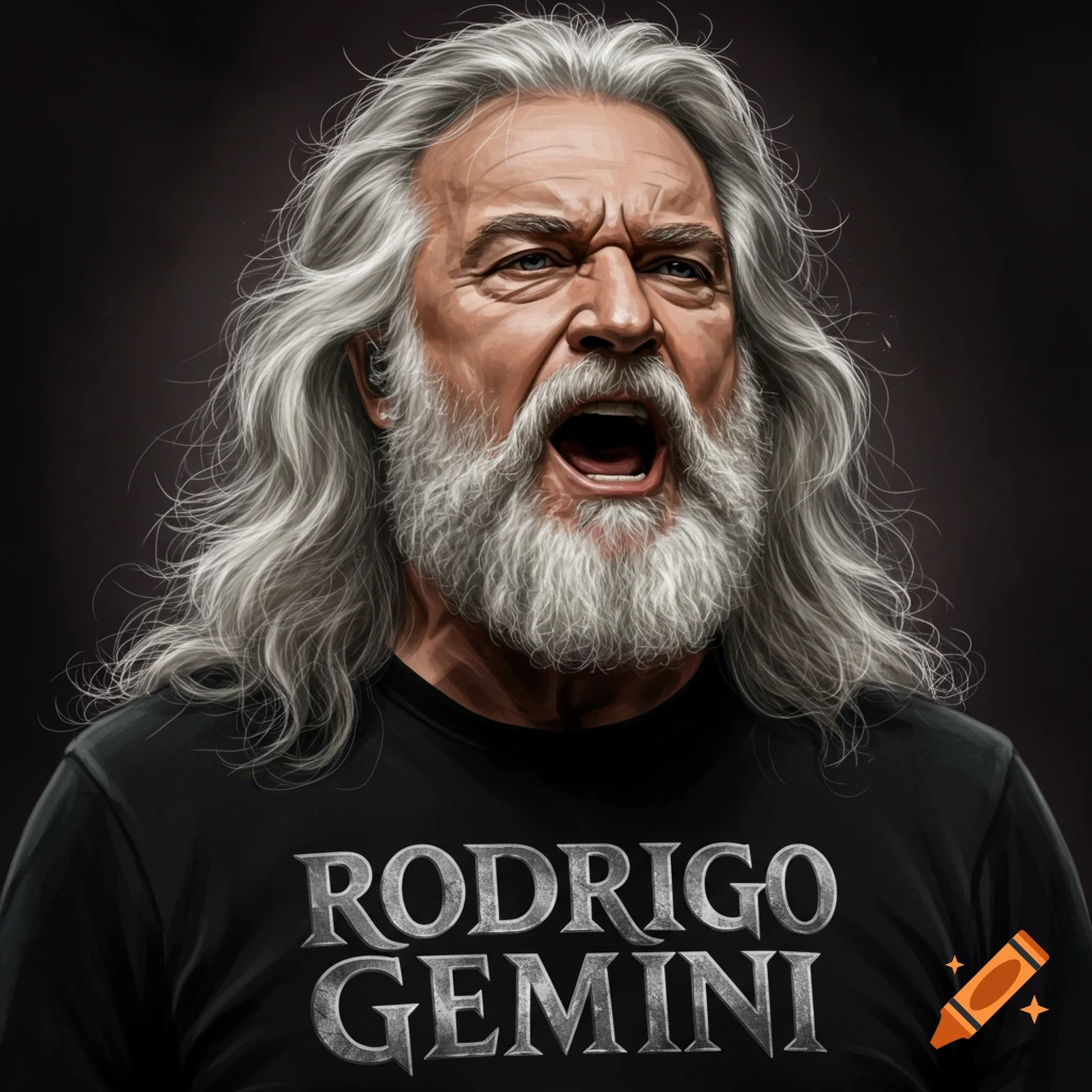 portrait of a man with long gray hair and beard wearing a t-shirt that reads RODRIGO GEMINI with mouth open.