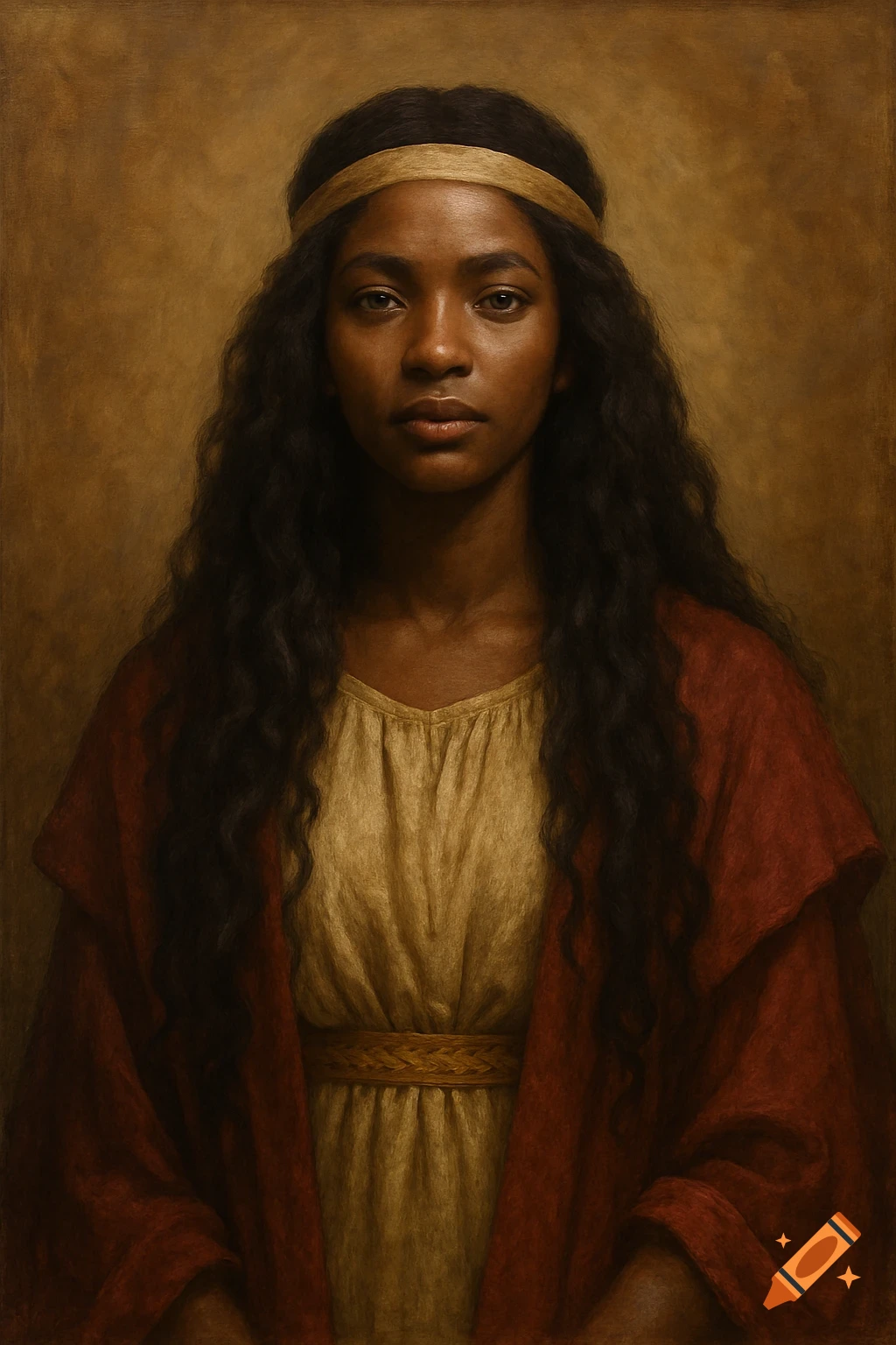 A portrait painting of a woman with long dark hair and a headband wearing a red and gold garment.