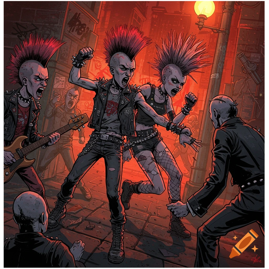Illustration of punk rockers protesting in a street scene