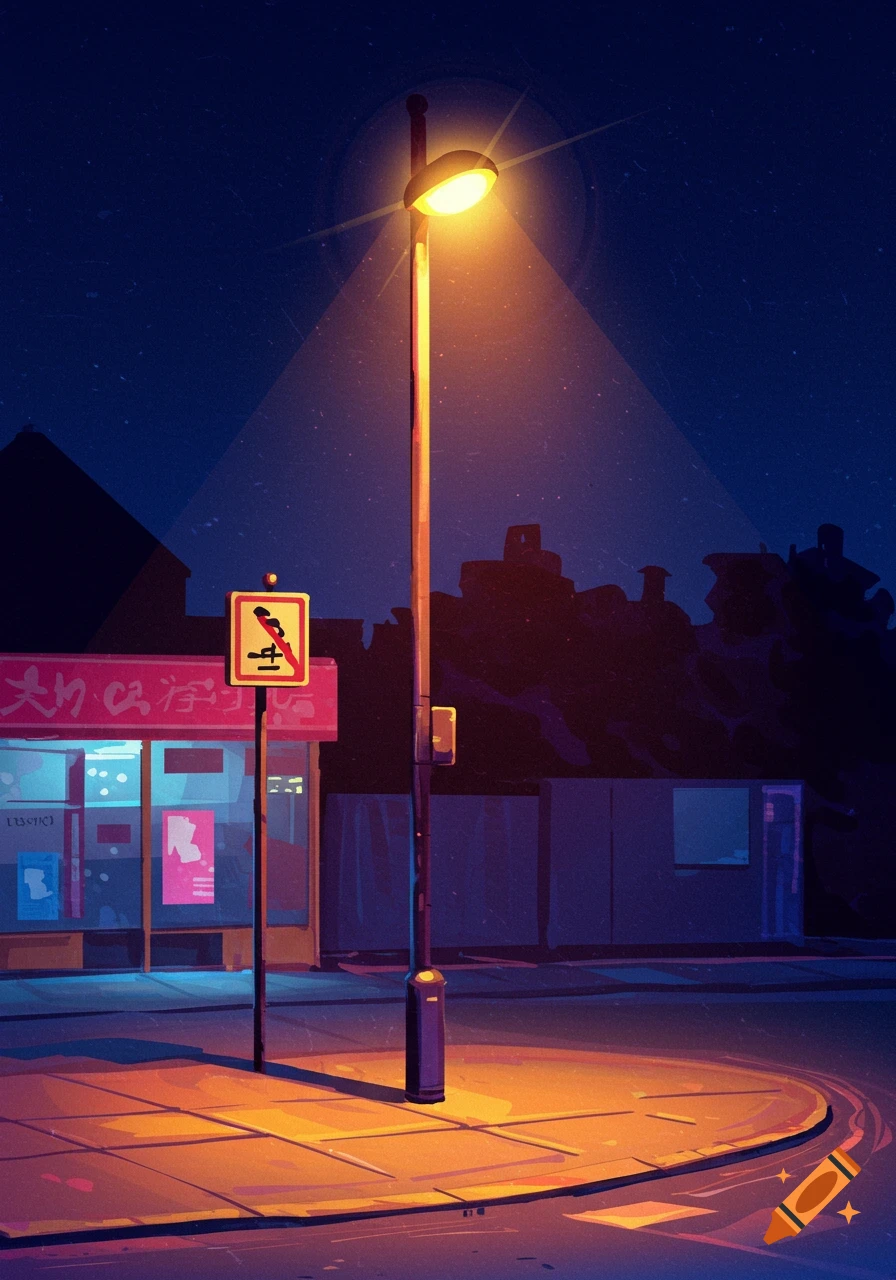 A streetlight illuminates a wet street at night, with a building and sign in the background.