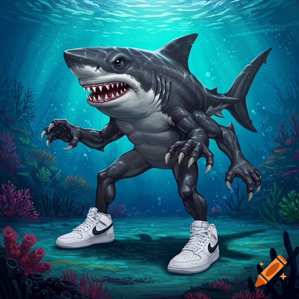 A shark creature with four arms and legs wearing white sneakers underwater among coral.