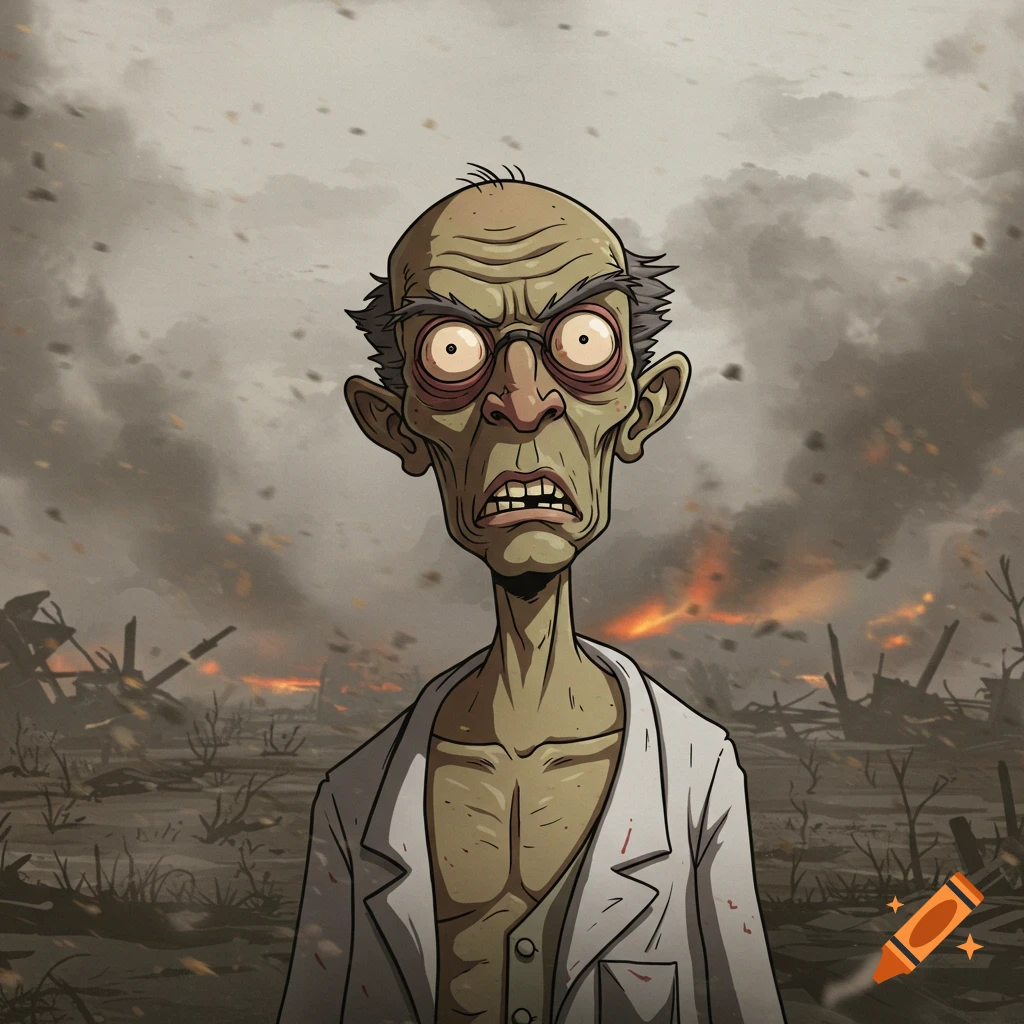 Cartoon character with large eyes and lab coat standing in a destroyed, smoky landscape with fires.