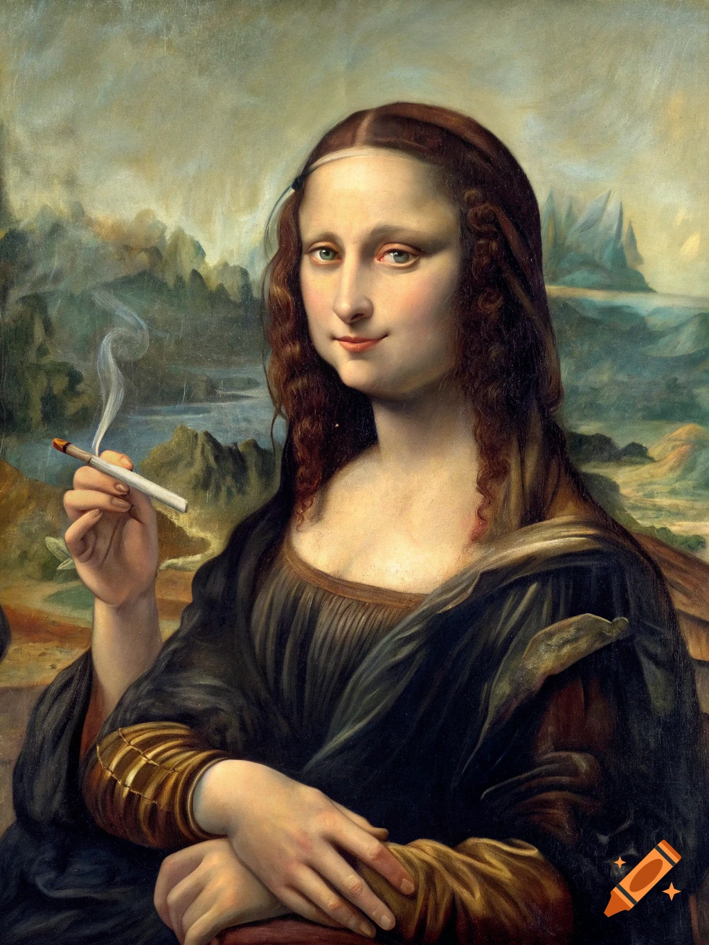 A painting resembling the Mona Lisa portrait, showing the woman smoking a cigarette