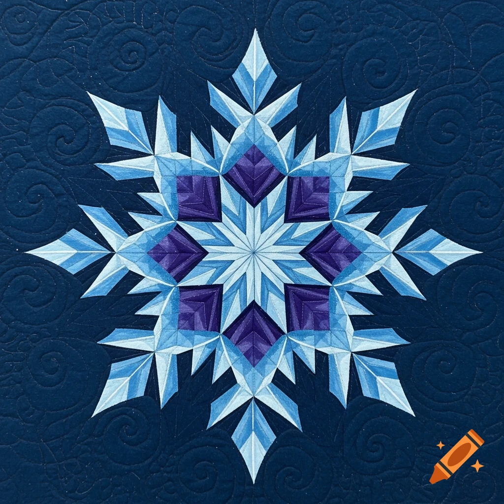 A geometric snowflake pattern in shades of blue and purple on a dark blue background, resembling a quilt.