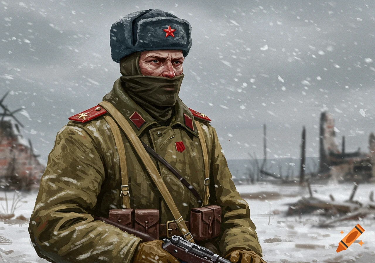 A Russian soldier in winter uniform, ushanka, and balaclava, holding a rifle in a snowy ruined landscape.